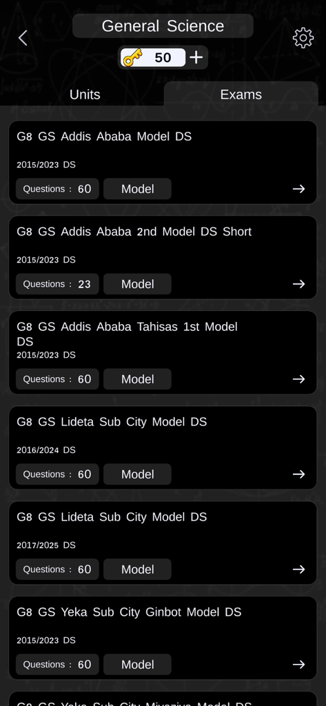 Ethio Learn Grade 7-12 Quizzes - Ethio Learn app screen showing Grade 8 General Science model exams from various Ethiopian sub cities