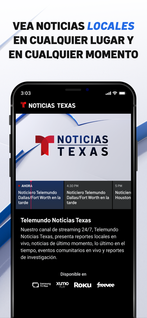 Telemundo 40: McAllen y Texas - Telemundo 40 app interface showing the 24/7 Texas news streaming channel with live local reporting