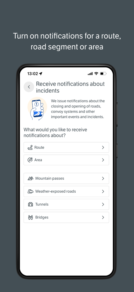 Vegvesen trafikk - Menú de configuración de notificaciones en la aplicación Vegvesen trafikk para incidentes en la carretera y pasos de montaña
