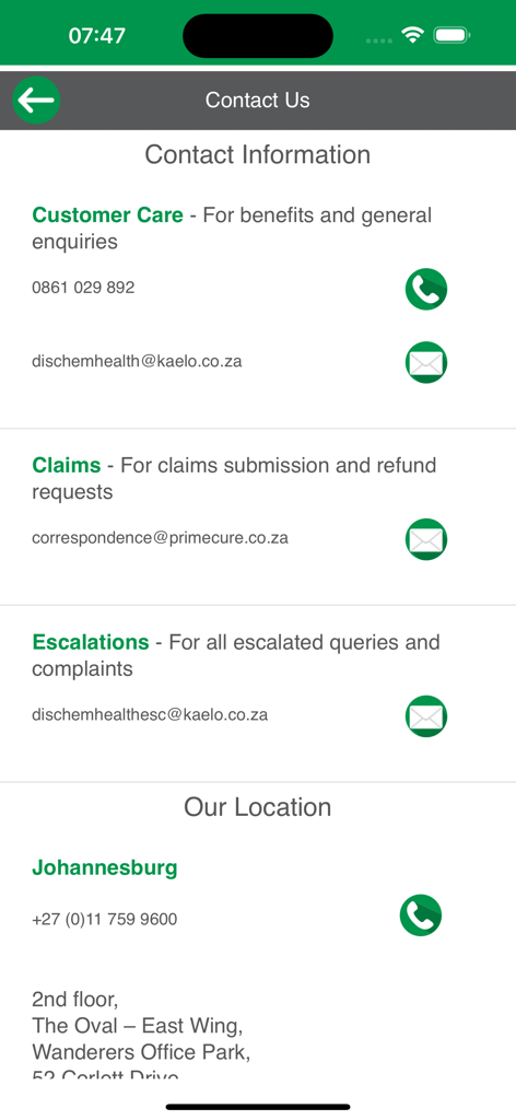 Dis-Chem Health - Contact Us screen of the Dis-Chem Health app showing support phone numbers, email addresses, and office location