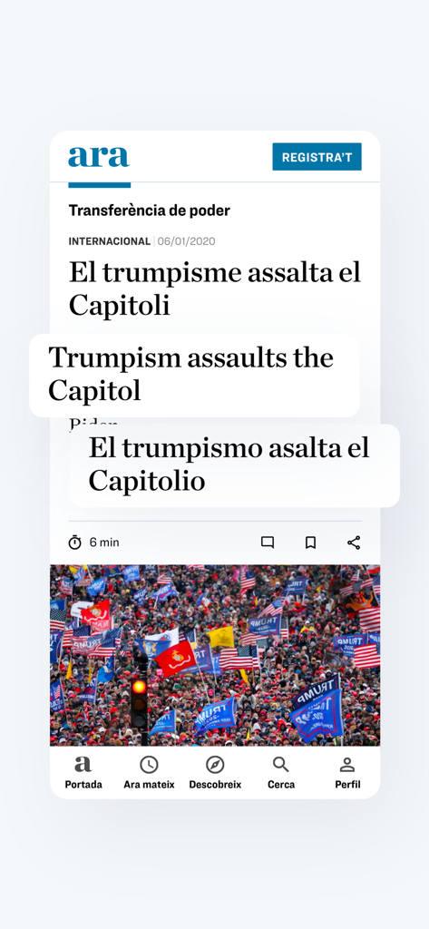 Interface do aplicativo móvel Diari ARA exibindo um artigo de notícias internacional com manchetes em catalão, inglês e espanhol.