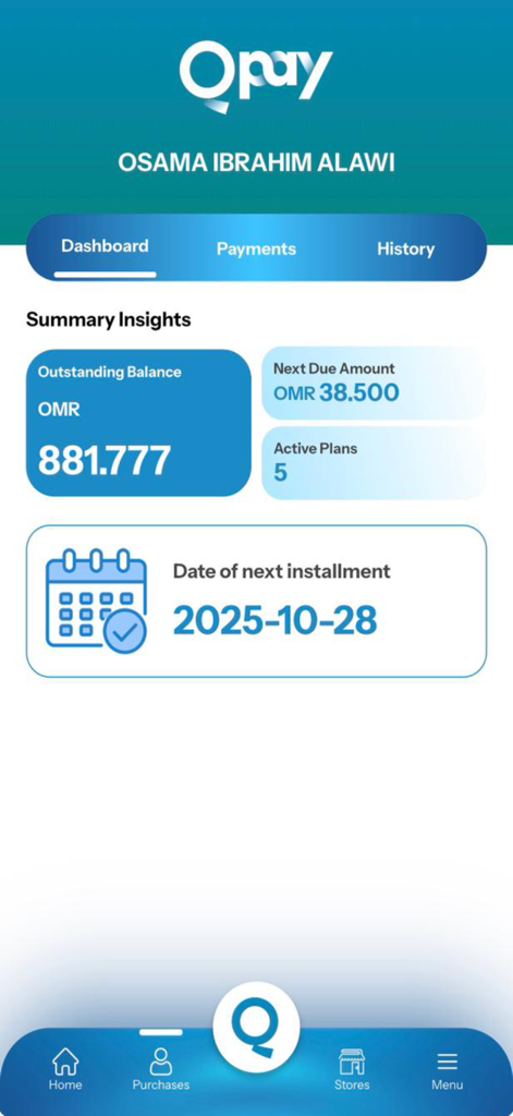 Qpay Oman app dashboard displaying summary insights including outstanding balance and next installment date
