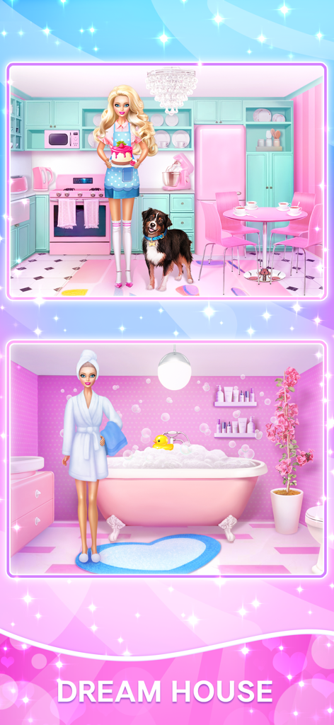 Doll Dress Up: Dream House - A doll in a pink kitchen holding a cake and another doll in a pink bathroom with bubbles from the Doll Dress Up Dream House game