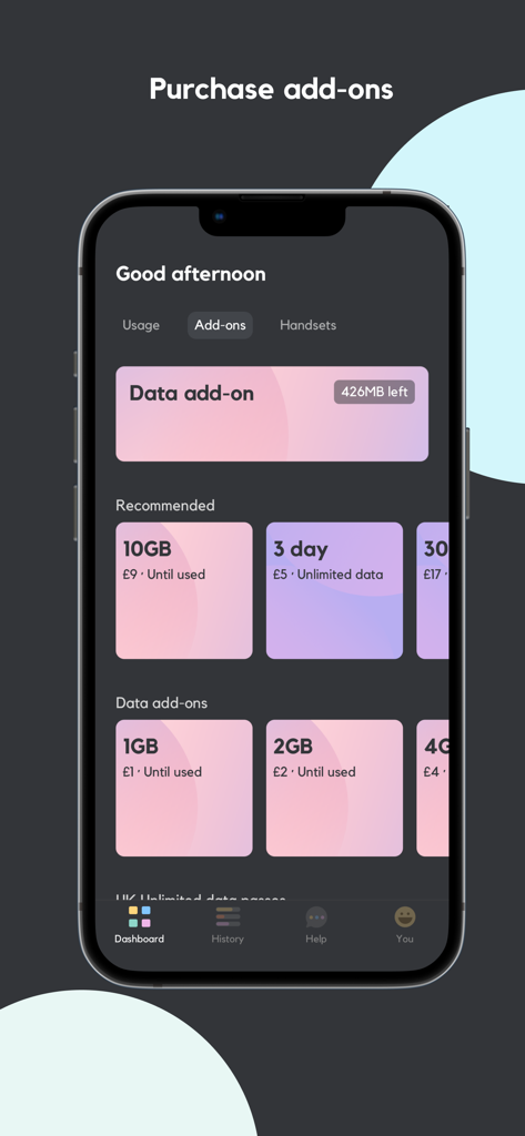 SMARTY - Interfaz de la app Smarty que muestra varias opciones de complementos de datos con diferentes precios y cantidades de datos
