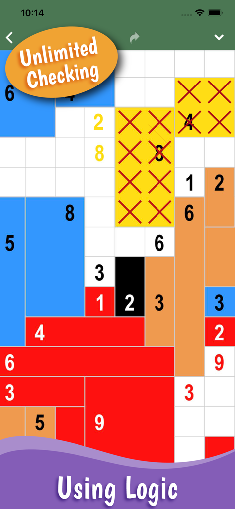 Block-a-Pix: Block Puzzle - Gameplay screen of Block-a-Pix showing a grid puzzle with colored rectangular blocks and a label for unlimited checking.