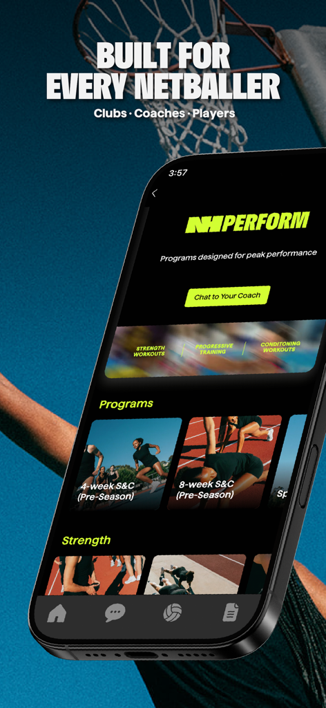 NetHub App - NetHub app interface showing netball performance training programs and strength and conditioning workouts for athletes and coaches.