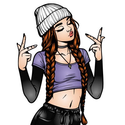 realistic teenage girl with braids and a beanie and crop top doing 🫶🏼