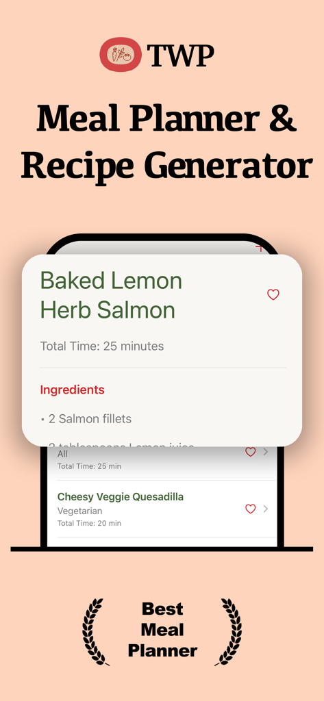 Interface of The Whole Pantry app showing a recipe card for Baked Lemon Herb Salmon with ingredients and preparation time