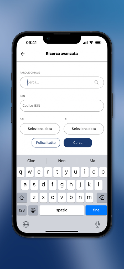 24 Ore Radiocor - Advanced search screen of the 24 Ore Radiocor app showing ISIN and keyword filter fields