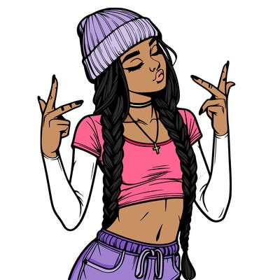 realistic teenage girl with braids and a beanie and crop top doing 🫶🏼