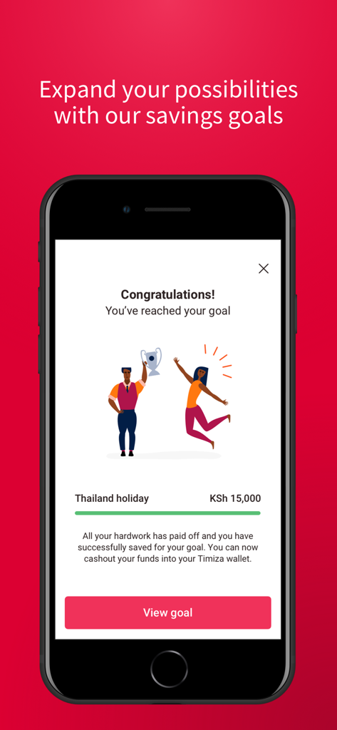 Timiza - A mobile screen from the Timiza app showing a successful savings goal completion for a holiday with a celebration illustration.