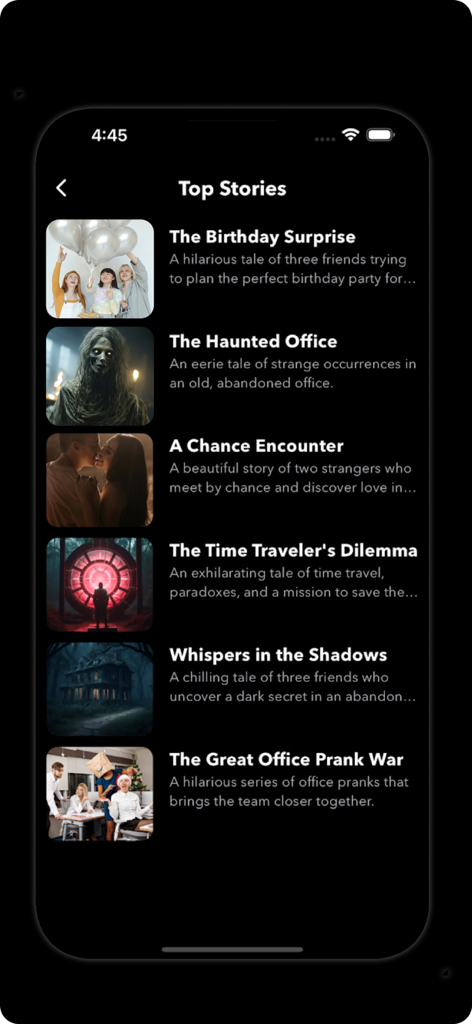 A menu of top chat stories with various genres like horror and mystery