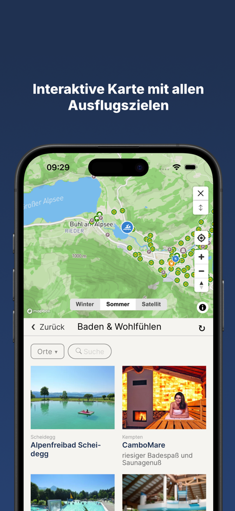 Interaktive Karte der Allgäu Walser Pass App, die Ausflugsziele und lokale Attraktionen zeigt