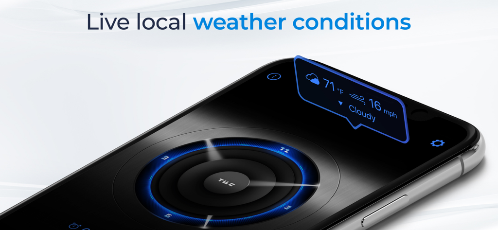 Alarm Clock for Me - Wake Up! - Interfaccia elegante di un orologio digitale di design su uno smartphone che mostra le condizioni meteorologiche in tempo reale con un popup blu per la temperatura e la velocità del vento