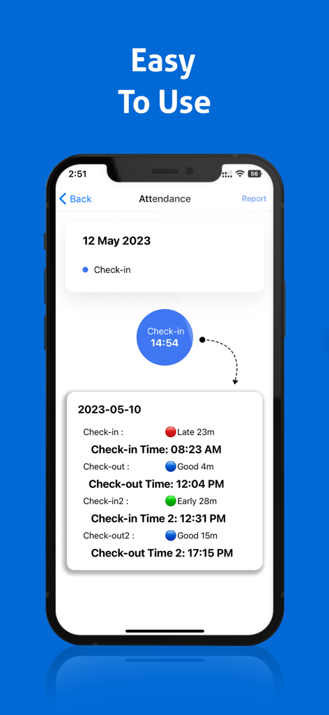 Mobile app interface of CheckinMe showing employee attendance records and check-in times