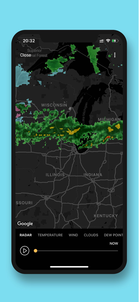 Today Weather: Radar & Alerts - Interfaccia radar di Today Weather che mostra il tracciamento delle tempeste in tempo reale e le precipitazioni sul Midwest degli Stati Uniti