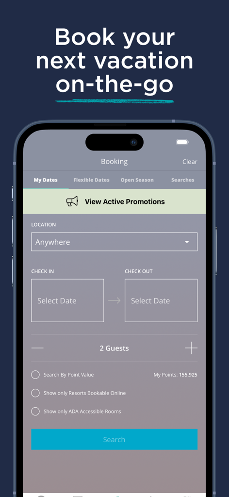 Hilton Grand Vacations mobile app booking screen showing reservation options and guest selection