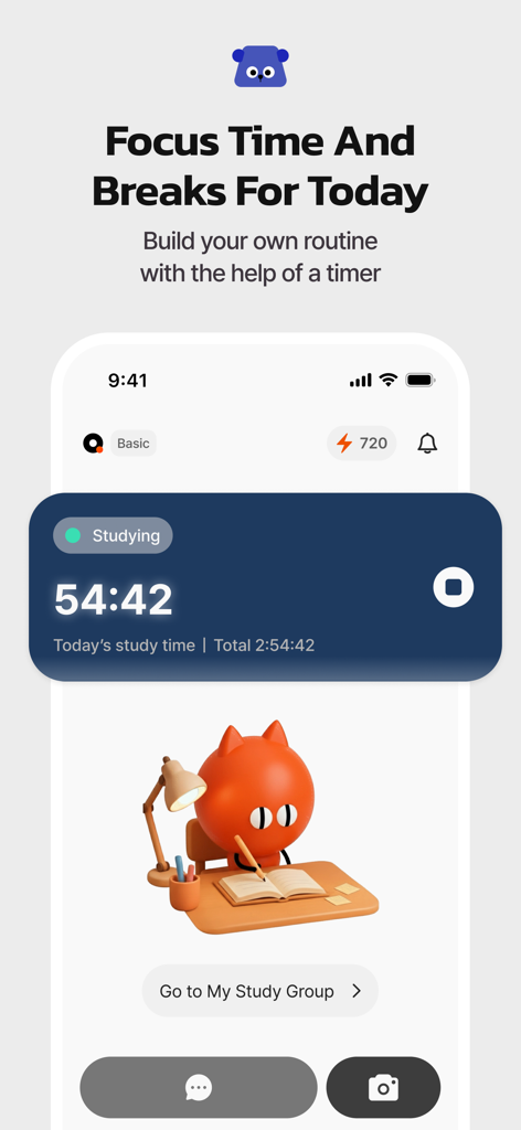 QANDA app focus timer screen featuring a study routine tracker and a cute AI character at a desk.