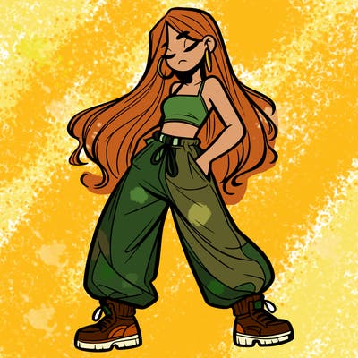 girl in baggy pants crop top and long hair