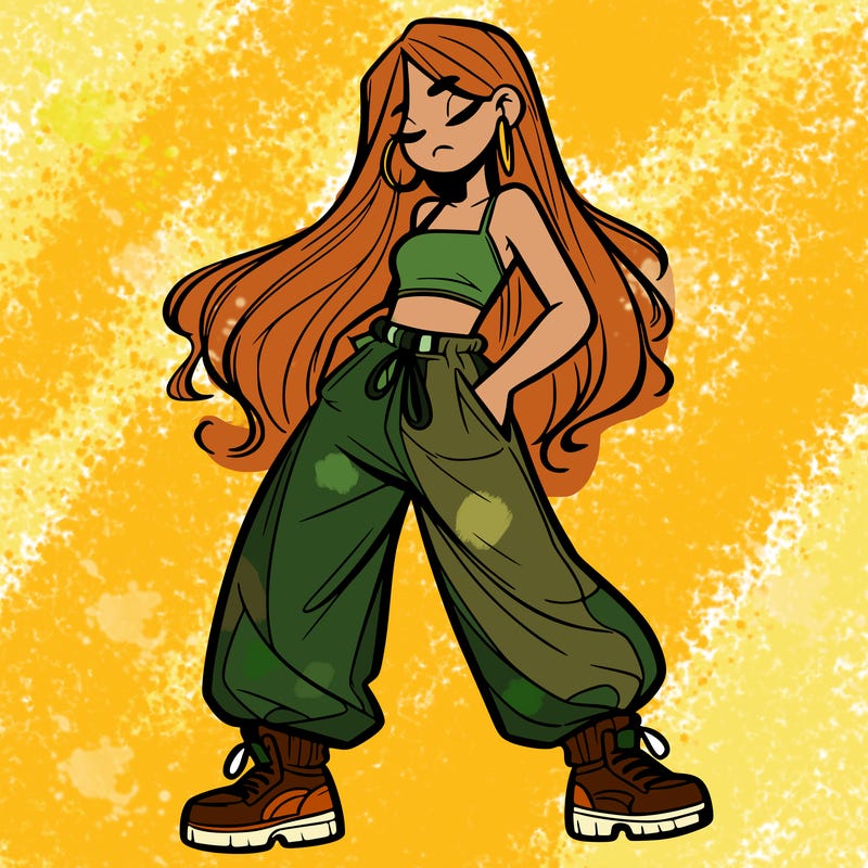 girl in baggy pants crop top and long hair