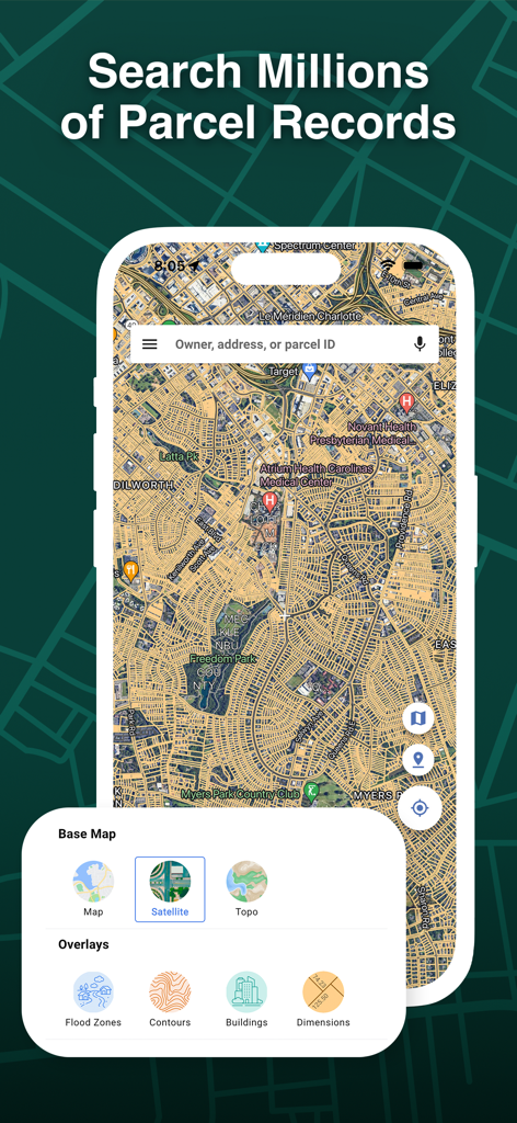 Interface de l'application LandGlide affichant une carte parcellaire avec une barre de recherche et des options de calques cartographiques