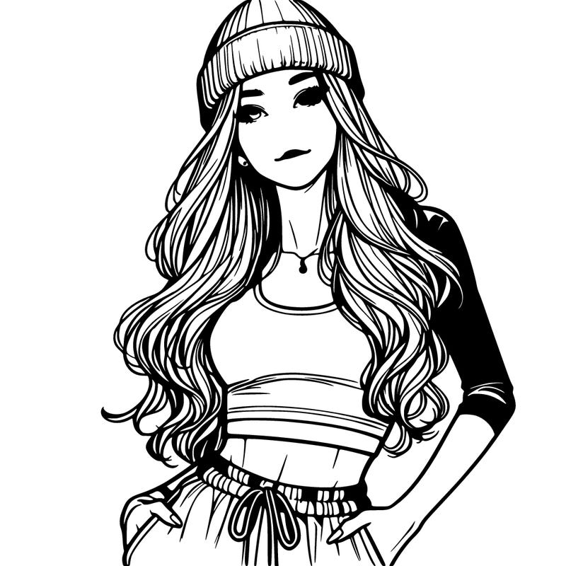 realistic beautiful girl wearing beanie sweatpants and higher neck crop top