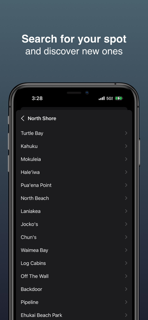 Smartphone screen displaying a list of Hawaii North Shore surf spots in the Waver app