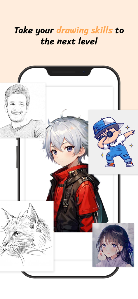 Learn How to Draw Anime Sketch - Smartphone screen showing various anime character sketches and drawing lessons with text about improving drawing skills