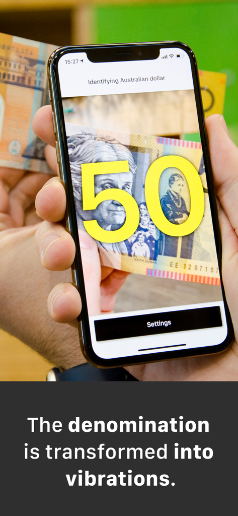 Cash Reader for the Blind - Cash Reader app identifying a 50 Australian dollar bill and converting the denomination into vibrations.
