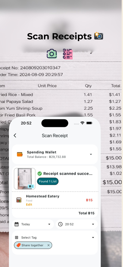 Interface of the NoteMoney app showing how to scan a physical receipt to automatically record expenses