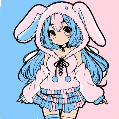 pretty anime girl wearing a fluffy hoodie with bunny ears on the hood and a skirt
