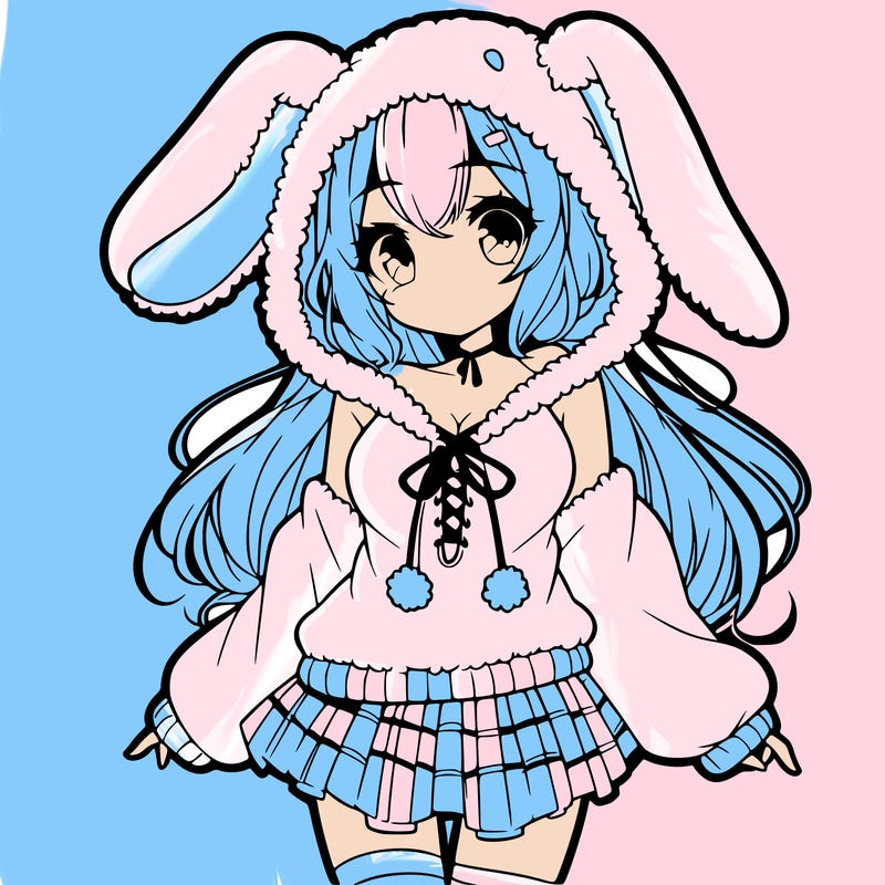 pretty anime girl wearing a fluffy hoodie with bunny ears on the hood and a skirt
