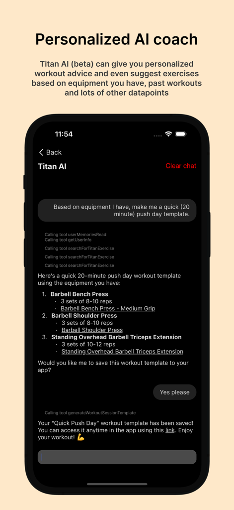 Titan Workout Tracker - Titan AI coach chat interface generating a personalized push day workout template