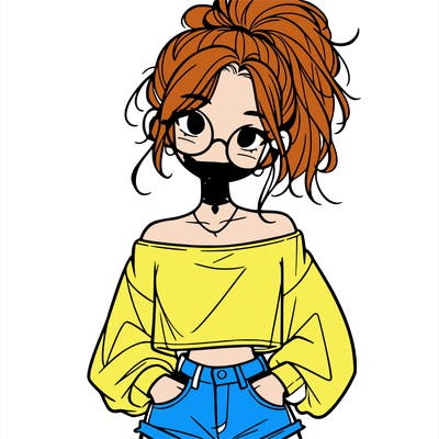 girl with a messy ponytail glasses a baggy crop top and jean shorts