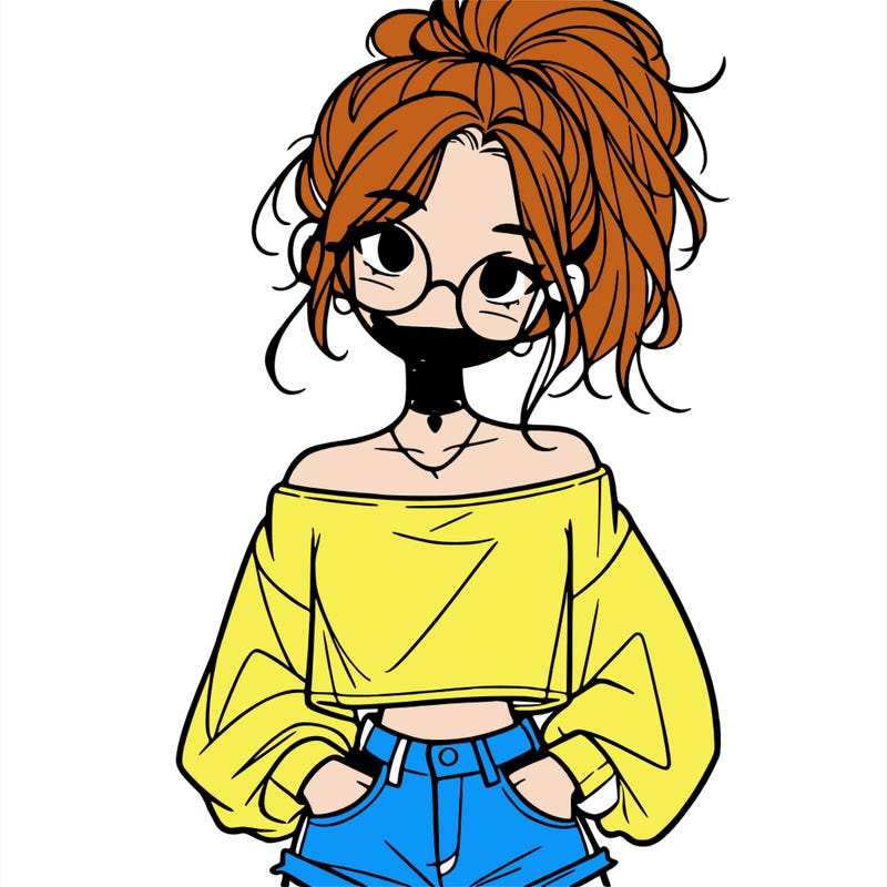 girl with a messy ponytail glasses a baggy crop top and jean shorts