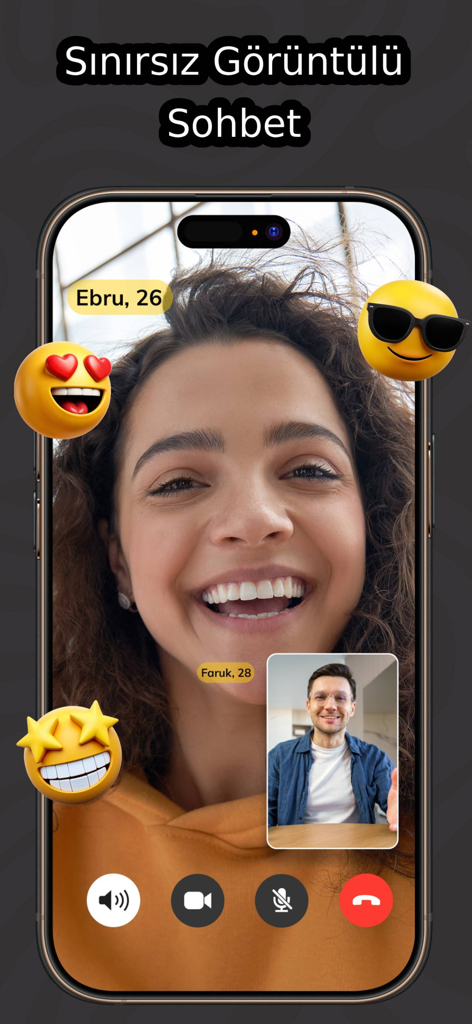 Pantalla de teléfono inteligente que muestra una videollamada en vivo en la aplicación Kismet entre un hombre y una mujer