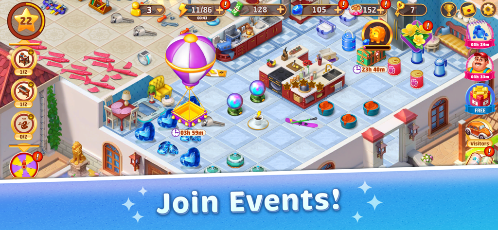Travel Merge Family - Travel Merge Family gameplay screen showing merge items and a join events banner