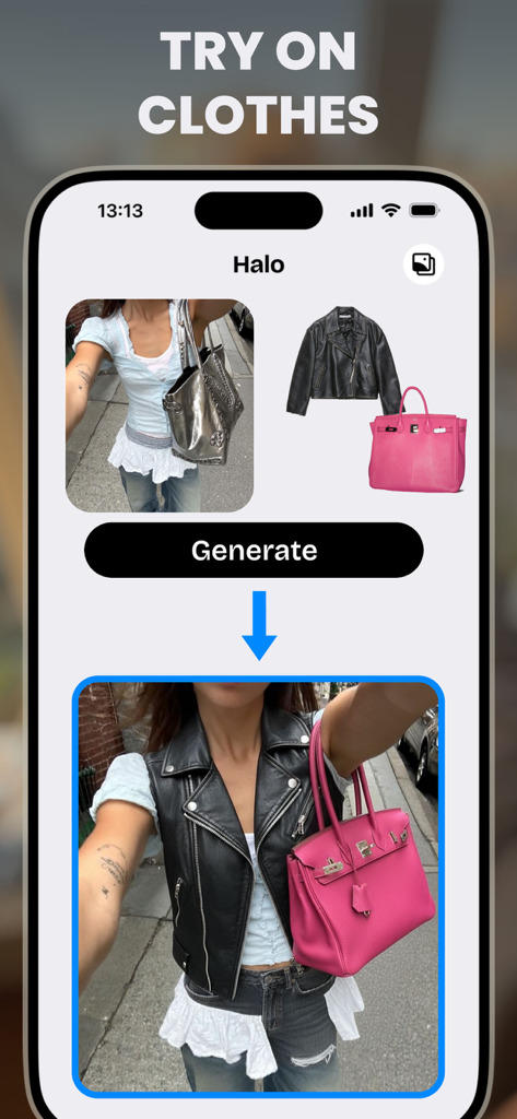 Halo: AI Photo Editor - Halo AI Photo Editor virtual clothes try on feature showing a leather jacket and pink bag