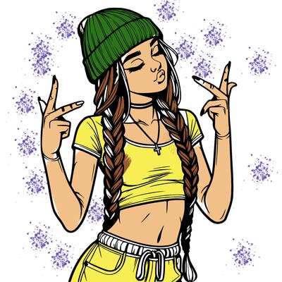 realistic teenage girl with braids and a beanie and crop top doing 🫶🏼