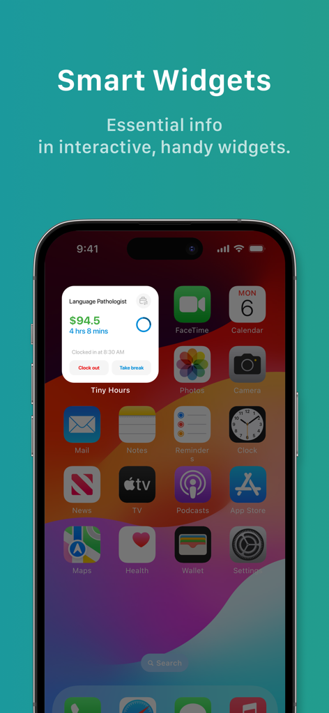 Tiny Hours Tracker, Time Clock - Smart Widget für Tiny Hours Tracker zeigt Arbeitszeit und Einnahmen auf dem Homescreen eines iPhones