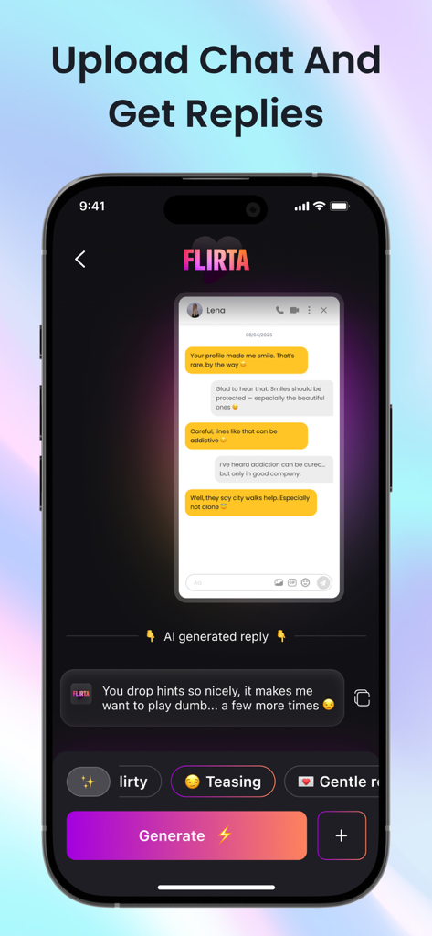 Flirta: AI Dating Assistant - Smartphone screen showing the Flirta app generating a teasing AI reply from an uploaded dating chat screenshot