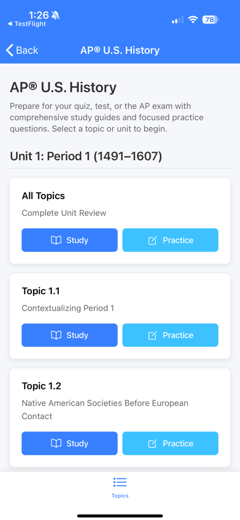LumiSource app interface for AP U.S. History showing unit one topics with study and practice buttons.