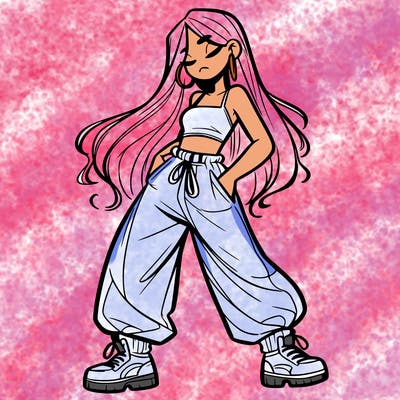 girl in baggy pants crop top and long hair