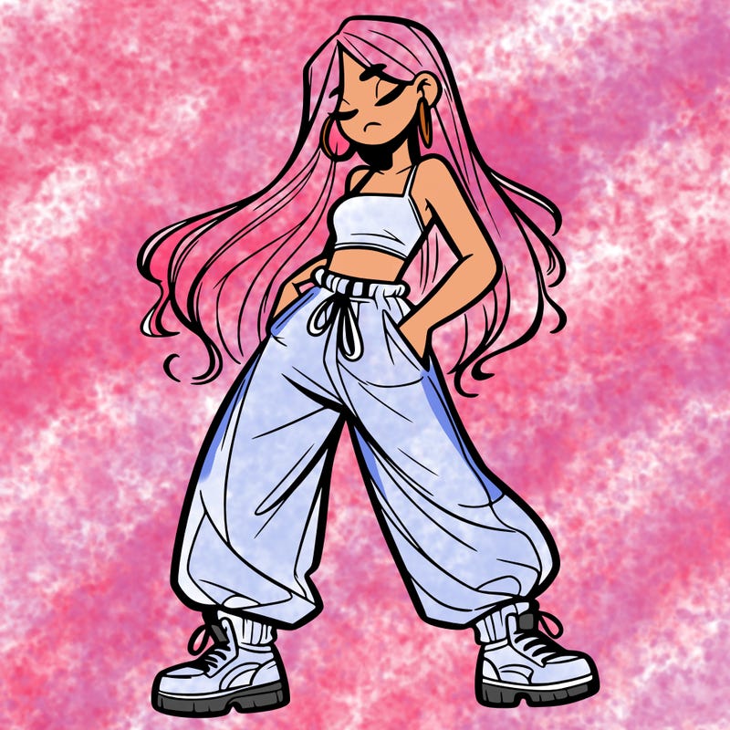 girl in baggy pants crop top and long hair