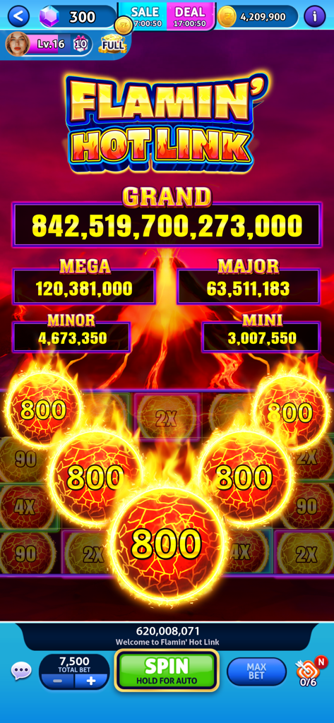 Jackpot Madness Slots Casino - Screenshot of the Flamin Hot Link slot game in Jackpot Madness Slots Casino featuring a volcano theme and massive jackpots.