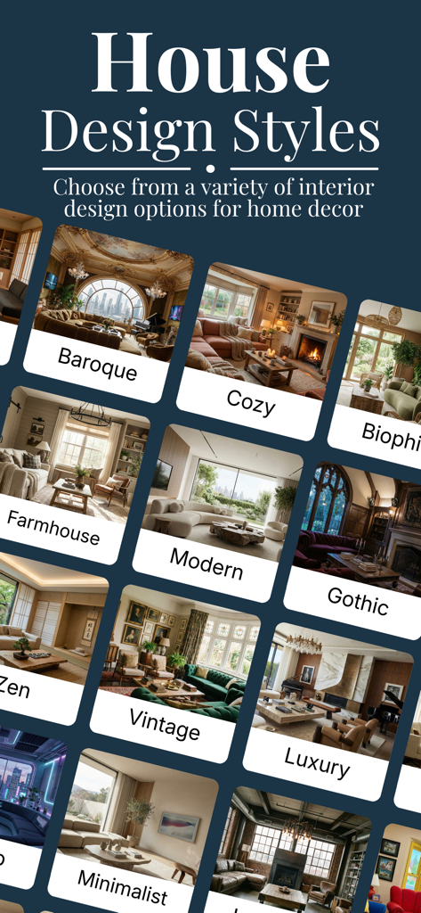House AI - Interior Design Pro - Mobile app interface showing various interior design style categories like Modern Farmhouse and Luxury