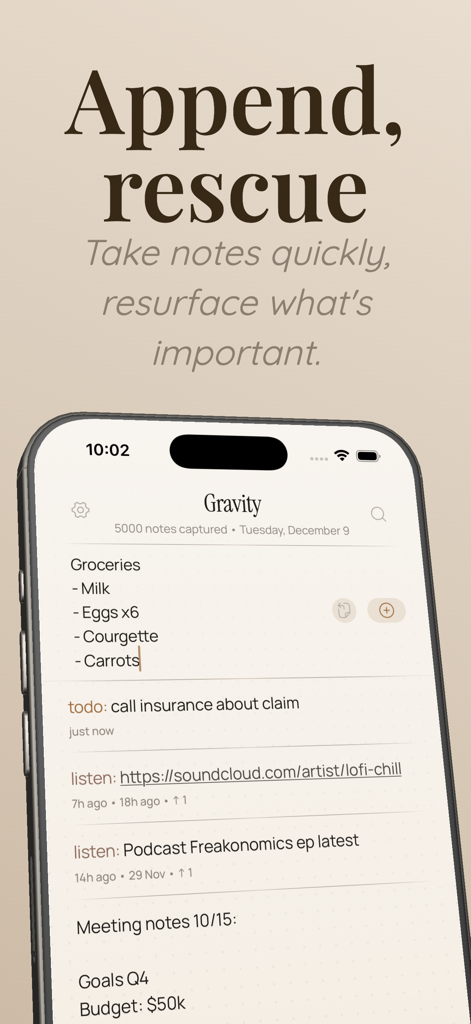 Fluxo de notas minimalista no aplicativo Gravity no iPhone com o título Anexar resgatar
