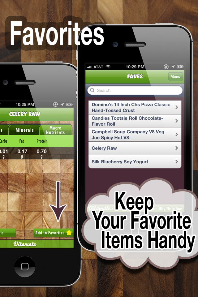 Vitamate: The Original Vitamin App - Zwei iPhone-Screenshots der Vitamate-App, die eine Liste von Lieblingslebensmitteln und die Option zum Hinzufügen von rohem Sellerie zu Favoriten für die Ernährungs-Tracking zeigen.
