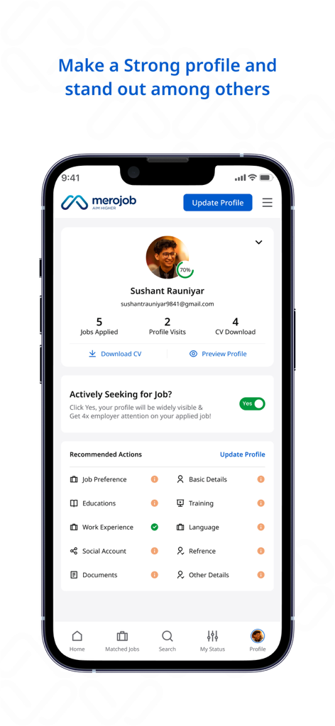 Merojob.com - Merojob mobile app interface showing a user profile with job application statistics and career profile completion status