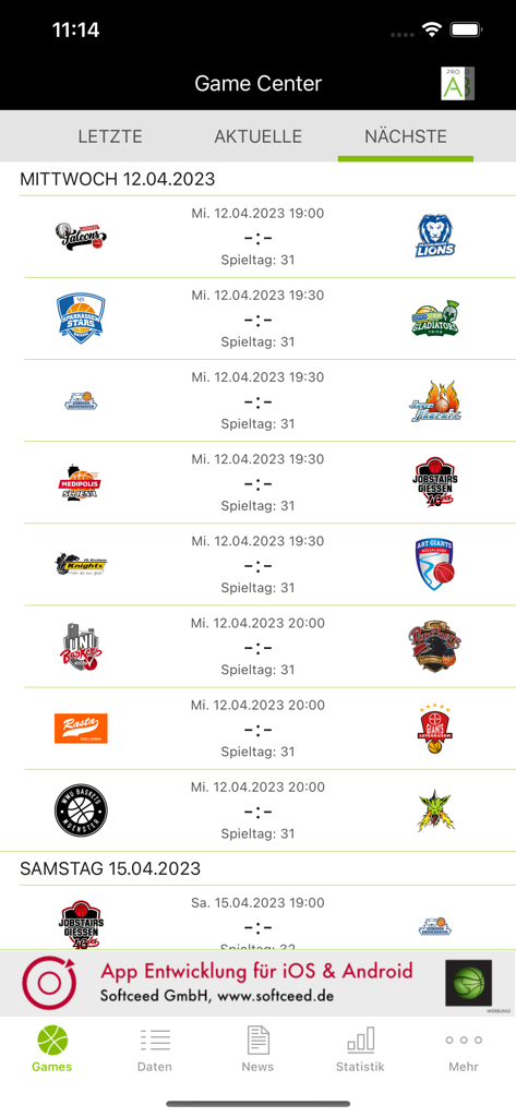 BARMER 2 Basketball Bundesliga - Liste der bevorstehenden Basketballspiele im Game Center der BARMER 2 Basketball Bundesliga App